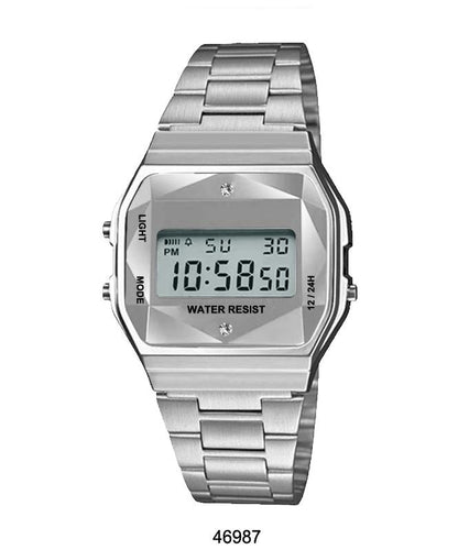 Silver Sports Metal Band Watch with Silver Metal Case and Silver Crystal Cut LCD Display